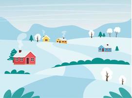 paisaje rural de invierno con campos, casas y árboles. vector ilustración plana