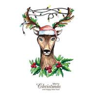 Christmas reindeer head with christmas lights card background vector