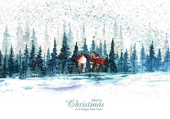 Winter Landscape Card Background, Painting Watercolor Winter Landscape Cards