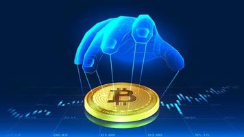 the manipulation of bitcoin by someone's hand in futuristic concep vector