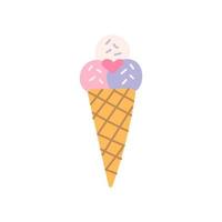 Ice cream balls in waffle cone for Valentines Day, vector flat illustration