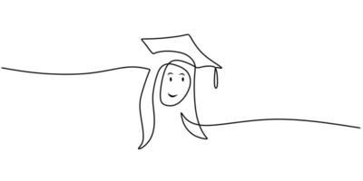 Continuous one single line of little girl using graduation hat vector