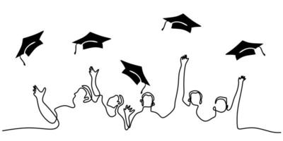 Continuous one single line of students throw their graduation hat vector