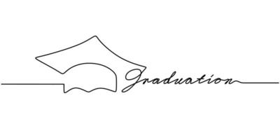 una sola línea continua de sombrero de graduación con palabra de graduación vector
