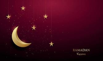 Media luna dorada brillante y estrellas brillantes sobre fondo rojo oscuro o la ocasión de los musulmanes celebran el Ramadán Kareem. vector