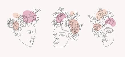 Vector set of women faces, bodies line art illustrations, logos with flowers and leaves, feminine nature concept. Use for prints, tattoos, posters, textile, logotypes, cards etc.