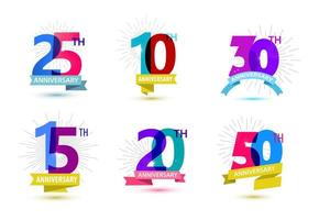 Vector set of anniversary numbers design. 25, 10, 30, 15, 20, 50 icons, compositions with ribbons. Colorful transparent with shadows on white background isolated.
