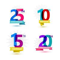 Vector set of anniversary numbers design. 25, 10, 15, 20 icons, compositions with ribbons.