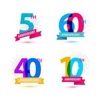Vector set of anniversary numbers design. 5, 60, 40, 10 icons, compositions with ribbons.