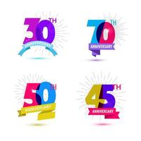 Vector set of anniversary numbers design. 30, 70, 50, 45 icons, compositions with ribbons.