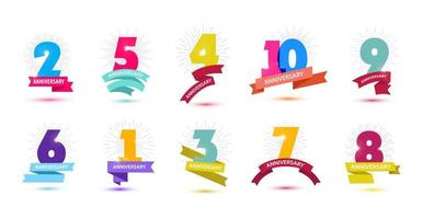 Vector set of anniversary dates compositions with ribbons, years birthday logo labels. Isolated.