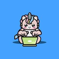 Cute unicorn operating laptop cartoon illustration vector