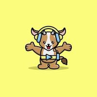 Cute goat listening music with headphone cartoon character vector