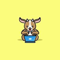 Cute goat operating laptop cartoon illustration vector