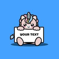 lindo unicornio sosteniendo un tablero de texto en blanco vector