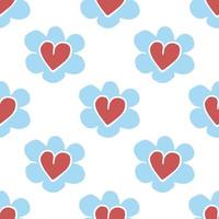 Blue chamomile pattern with hearts on white background. vector