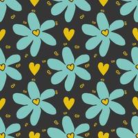 Blue chamomile pattern with yellow hearts on grey background. vector