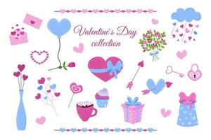 Conjunto aislado de elementos del día de San Valentín. colección de vectores de imágenes prediseñadas de amor rosa y azul sobre fondo blanco. San Valentín corazones planos, flores, dulces, regalos.