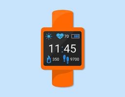 Smart watch closeup isolated. Fitness bracelet, smartband showing time, indicators of pulse, steps and calories on display. Vector flat illustration