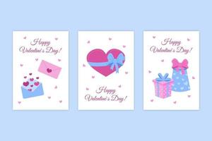 día de San Valentín conjunto de tarjetas de felicitación. colección de vectores de postales navideñas. lindo corazón con lazo, sobres y regalos. San Valentín para un ser querido