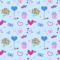 Valentines Day seamless vector pattern. Valetines cute flat elements on blue background