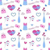Valentines Day seamless pattern. Vector white background with cute Valentines flat elements