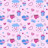 Valentines Day pattern. Vector seamless pink background with cute Valentines flat hearts, envelope, sweets elements