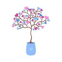 Love tree in pot isolated. Valentines home tree with cute hearts on twigs. Pink and blue colors. Vector flat object illustration