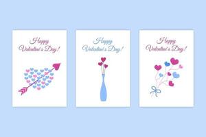 Valentines day romantic greeting cards. Vector collection of holiday postcards. Cute heart with arrow, flower vase and heart twig. Valentines set