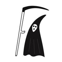 muerte con una guadaña sobre un fondo blanco. Ilustración de doodle para halloween, impresión, logotipo, tarjetas de felicitación, carteles, pegatinas, diseño textil y de temporada. vector