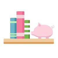 Shelf with book and piggy bank illustration for printing, backgrounds, wallpapers, covers, packaging, greeting cards, posters, stickers, textile, seasonal design. Isolated on white background. vector