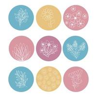 Highlight covers icons for social media stories. circles with flowers and leaves. Round floral botanical icons. bloggers, brands, stickers, wending, design, decor vector