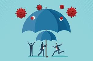 COVID-19 or Coronavirus outbreak financial crisis help policy, company and business to survive concept, businessman leader stand safe by cover himself with big umbrella. vector cartoon design.