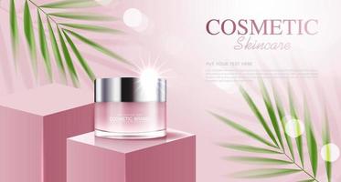 Cosmetics or skin care product ads with bottle, pink background with tropical leaves. vector illustration design