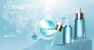 Cosmetics or skin care product ads with bottle and blue background glittering light effect. vector illustration design EPS10.