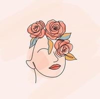 rostro de belleza con flores, dibujo lineal, arte, estilo minimalista. mujer con y flores. diseño de ilustración vectorial eps10. vector