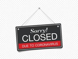 Hanging sign about coronavirus and close-up on a red closed sign of a shop displaying the message Sorry closed due to coronavirus.