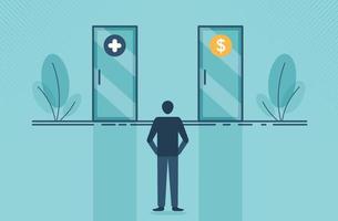 Business vision concept with businessman must choose a door between money and health. Vector illustration cartoon design.