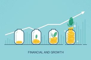 Poner monedas de oro en una botella de vidrio transparente en plano, adecuado para negocios en crecimiento o inversiones financieras. diseño de dibujos animados. vector