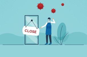 Coronavirus or COVID-19 social distancing impact on entrepreneur or small business shop to closed with problem of employment, sad man business shop owner with closed sign because virus. Vector design.