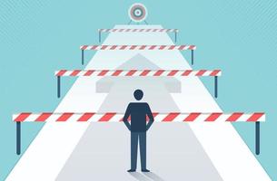 Businessman standing in front of many obstacles and barriers on the way to success vector design.
