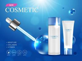 Cosmetics or skin care product ads with bottle and blue background glittering light effect. vector illustration design EPS10.