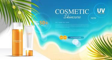 Sunblock ads template, sun protection cosmetic products design with moisturizer cream or liquid, sunshine and the beach background, vector design