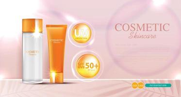 Hydrating facial sunscreen for annual sale or festival sale. orange cream mask bottle isolated on glitter particles background for product presentation. Graceful cosmetic ads, Vector illustration