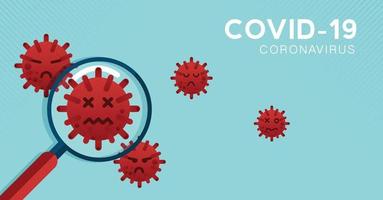 Magnifying glass covid-19 Coronavirus concept outbreak influenza background.Pandemic medical health risk concept with disease cell is dangerous vector design cartoon.