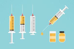 Syringe for injection with yellow vaccine, vial of medicine, and medicine bottle. Vector illustration design.