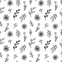Botanical seamless pattern with tiny flowers and twigs. Abstract floral background. Vector hand-drawn illustration in doodle style.Perfect for cards, decoration, invitations, wrapping paper, wallpaper