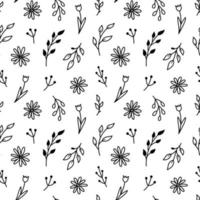 Botanical seamless pattern with tiny flowers and twigs. Abstract floral background. Vector hand-drawn illustration in doodle style.Perfect for cards, decoration, invitations, wrapping paper, wallpaper