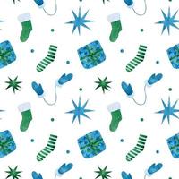 Christmas seamless pattern with blue and green elements. Festive socks, gifts, mittens and stars. Watercolor hand-drawn illustration. Perfect for wrapping paper, prints, packaging, textile, decor. vector