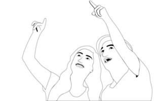 Vector character illustration of beautiful couple pointing at something, Happy couple Coloring pages Vector illustration.